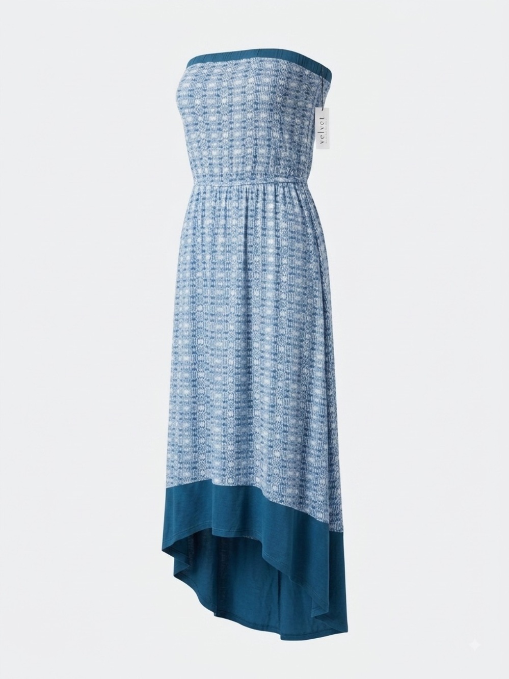 Velvet Strapless Blue Patterned High-Low Dress
